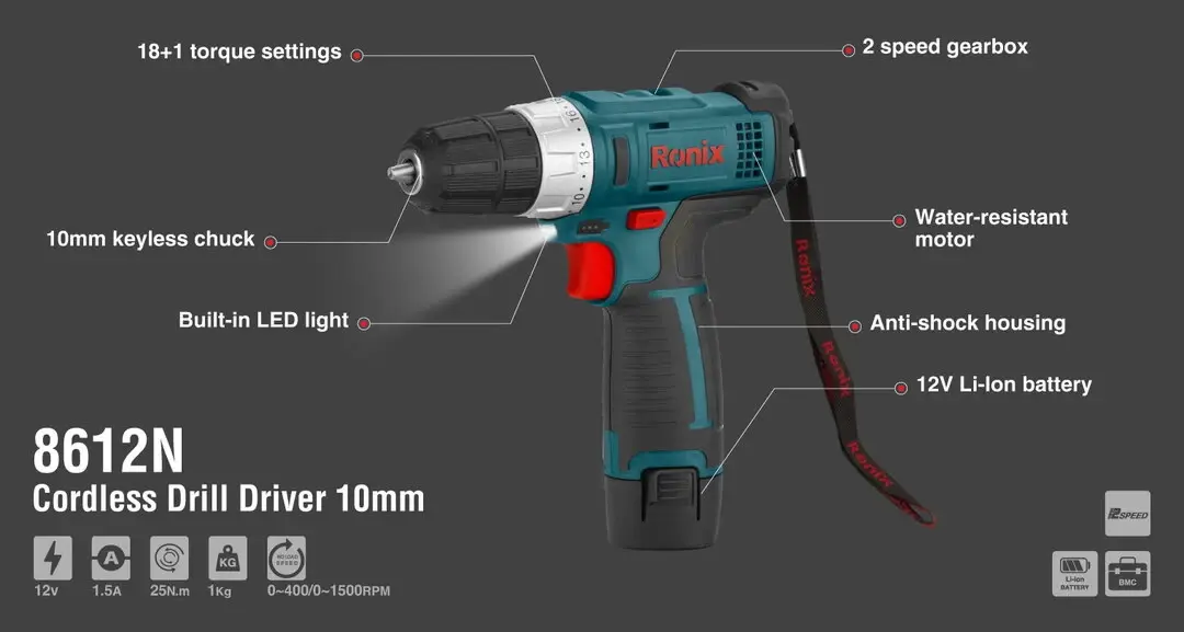 12V Cordless Drill Driver 10mm-25N.m-2battery