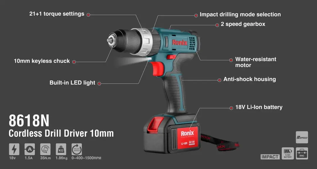 18V Cordless Drill Driver 10mm-35N.m