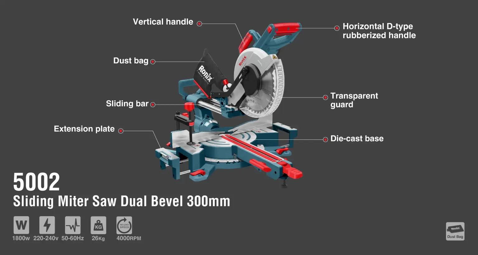 Dual Bevel Sliding Miter Saw 1500W-300mm