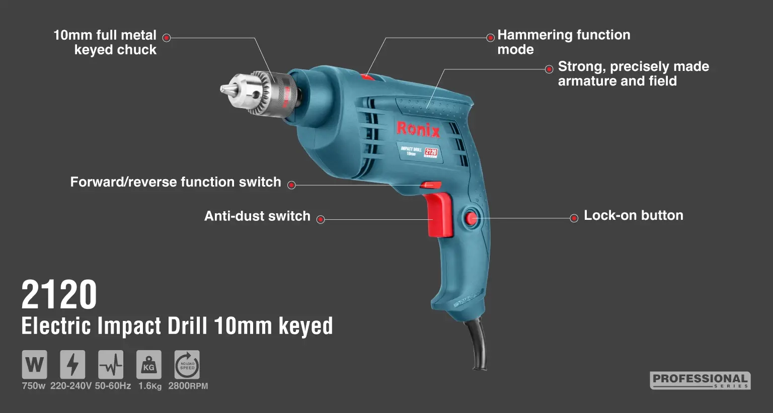 Electric Impact Drill 750W-10mm -Keyed