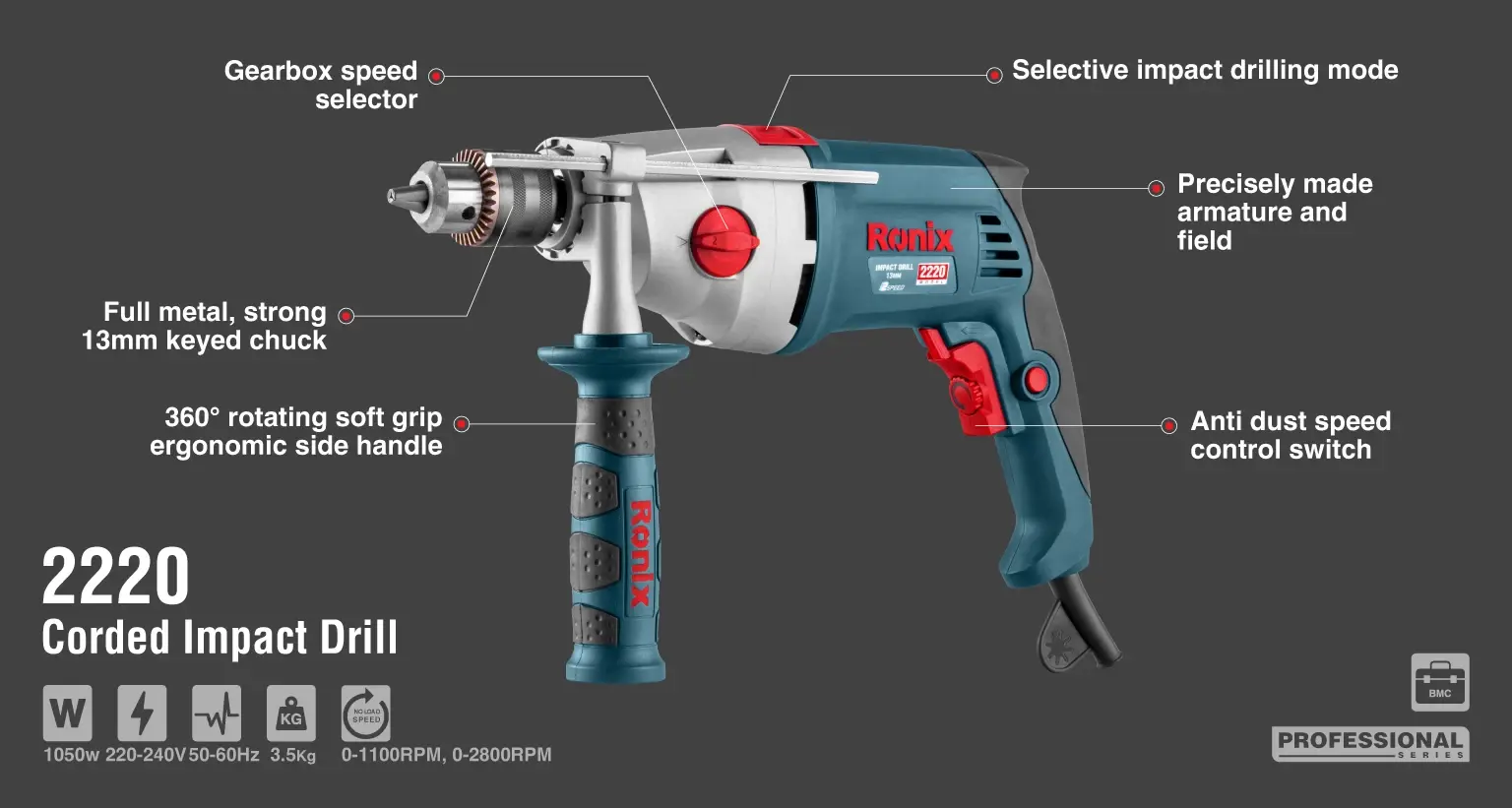 Electric Impact Drill-1050W-13mm-Keyed-BMC