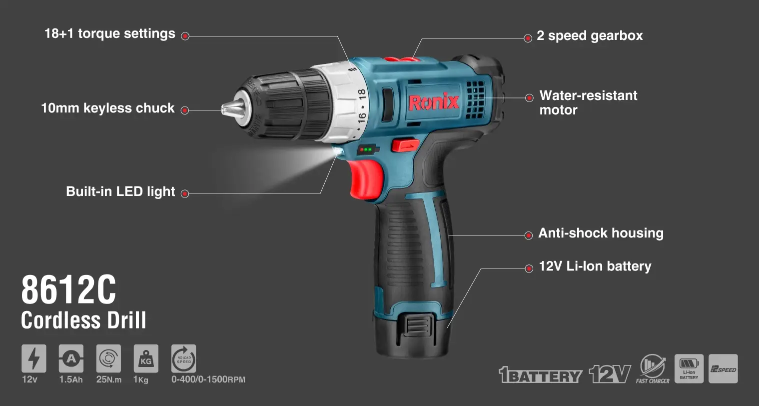 12V Cordless Drill Driver 10mm-25N.m-1battery