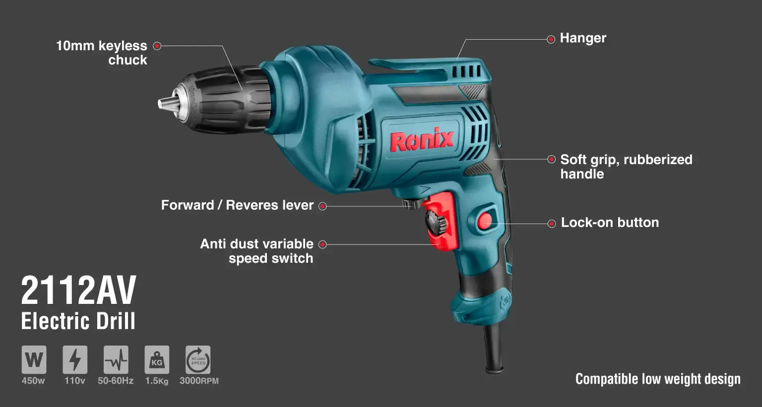Electric Drill 450W-10mm-keyless-110V