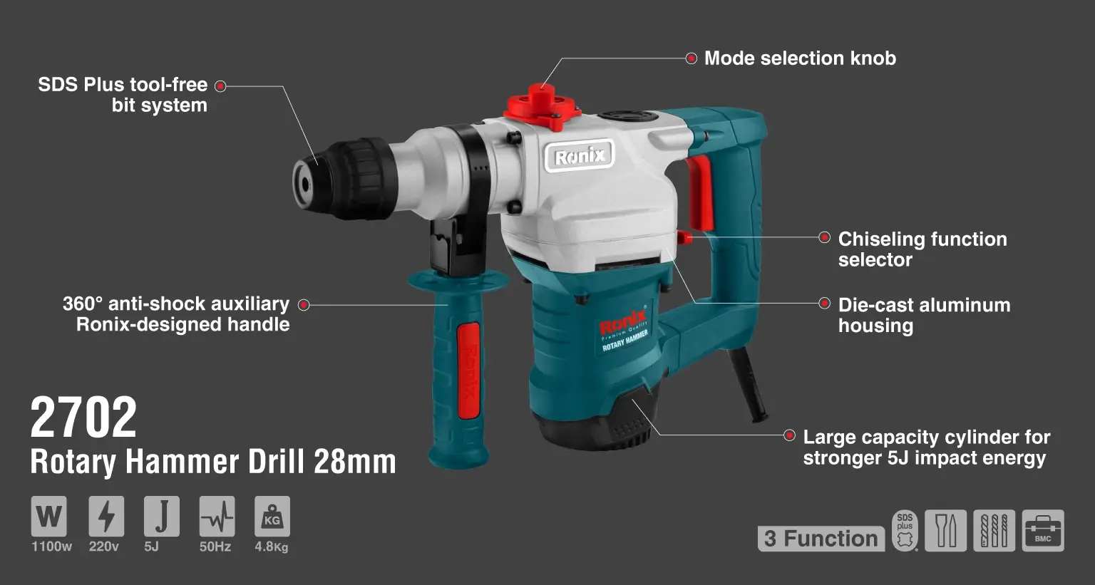 Rotary hammer 1100w-28mm