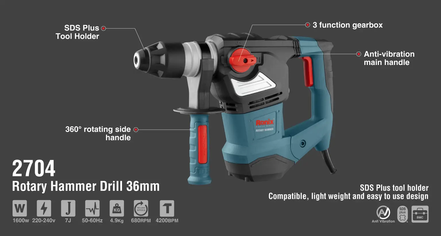 Rotary Hammer 1600W-36mm
