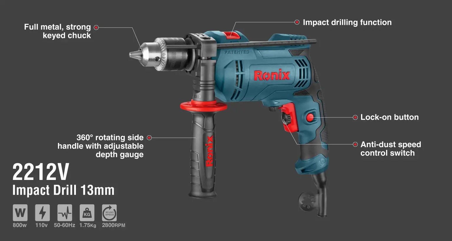 Electric Impact Drill 800W-13mm-keyed-110V