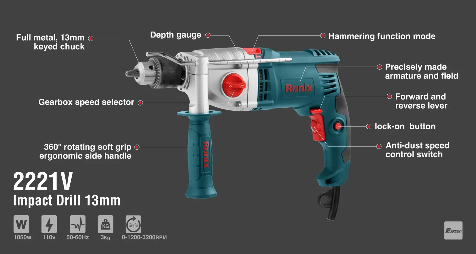 Electric Impact Drill 1050W-13mm-keyed-110V