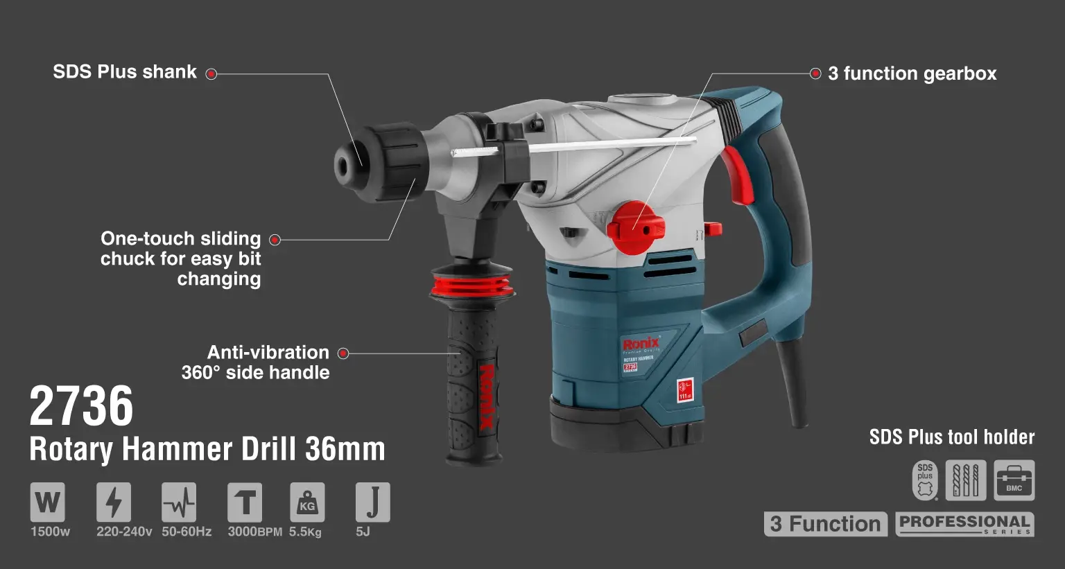 Rotary hammer 1500w-36mm-3000 BPM