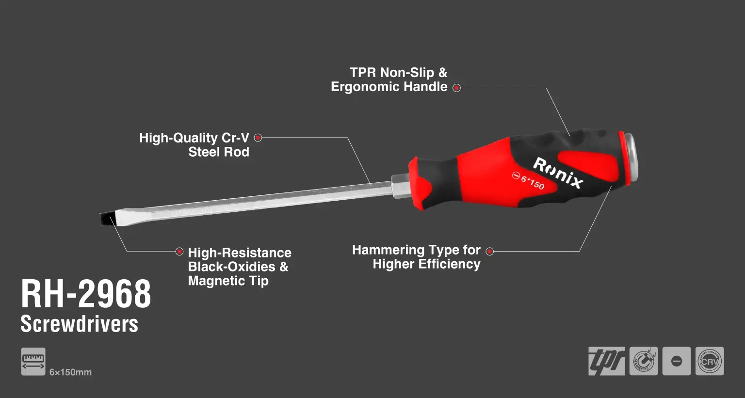 TPR Handle slotted Hammering Screwdriver 6x150mm