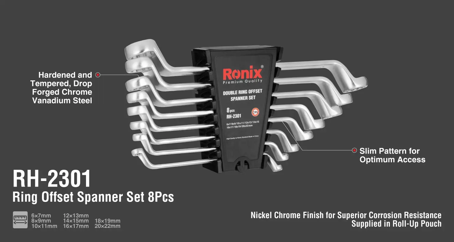 Double Ring offset Spanner set (8pcs) with plastic Rack