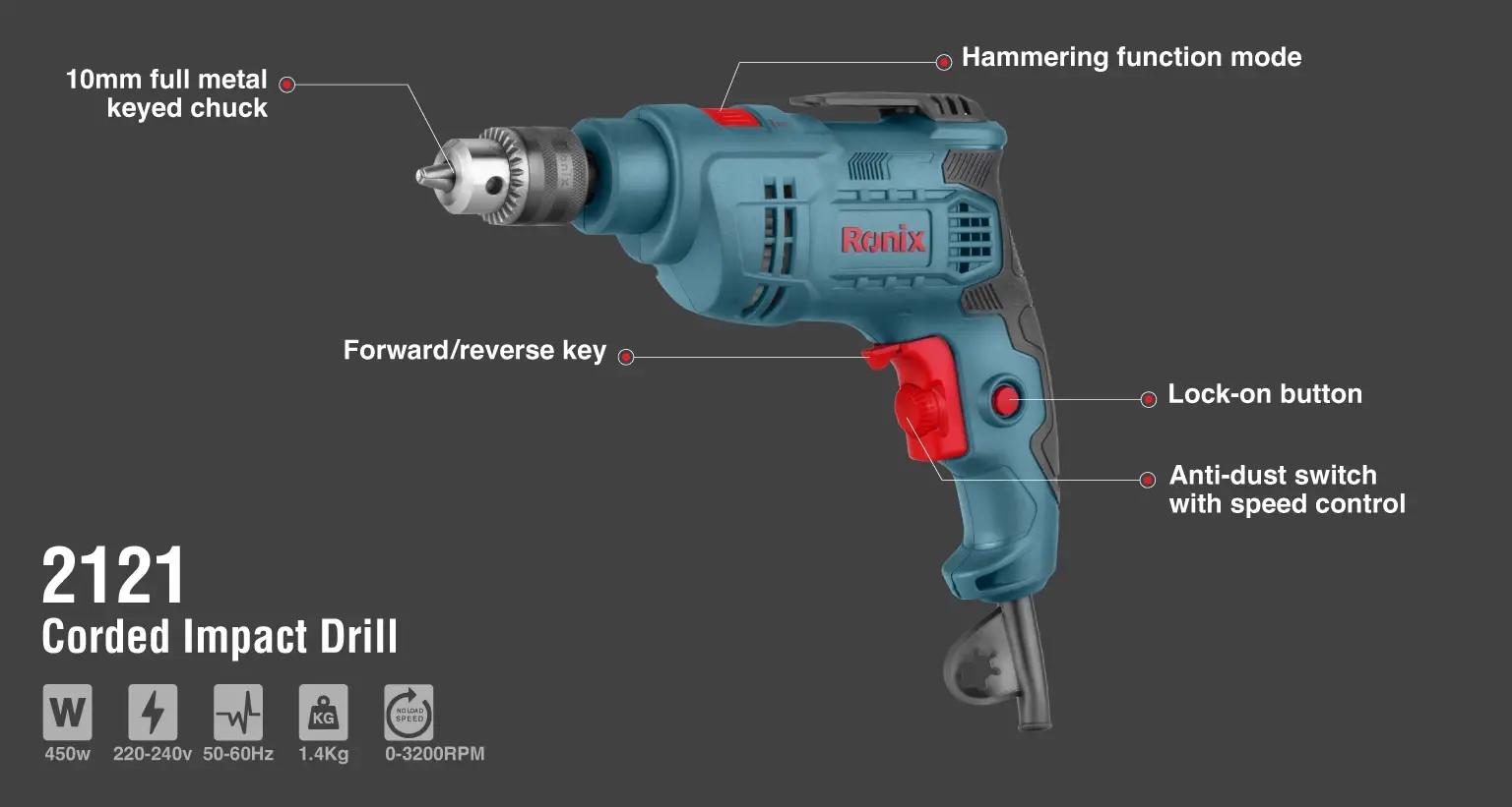 Electric Impact Drill 450W-10mm -Keyed