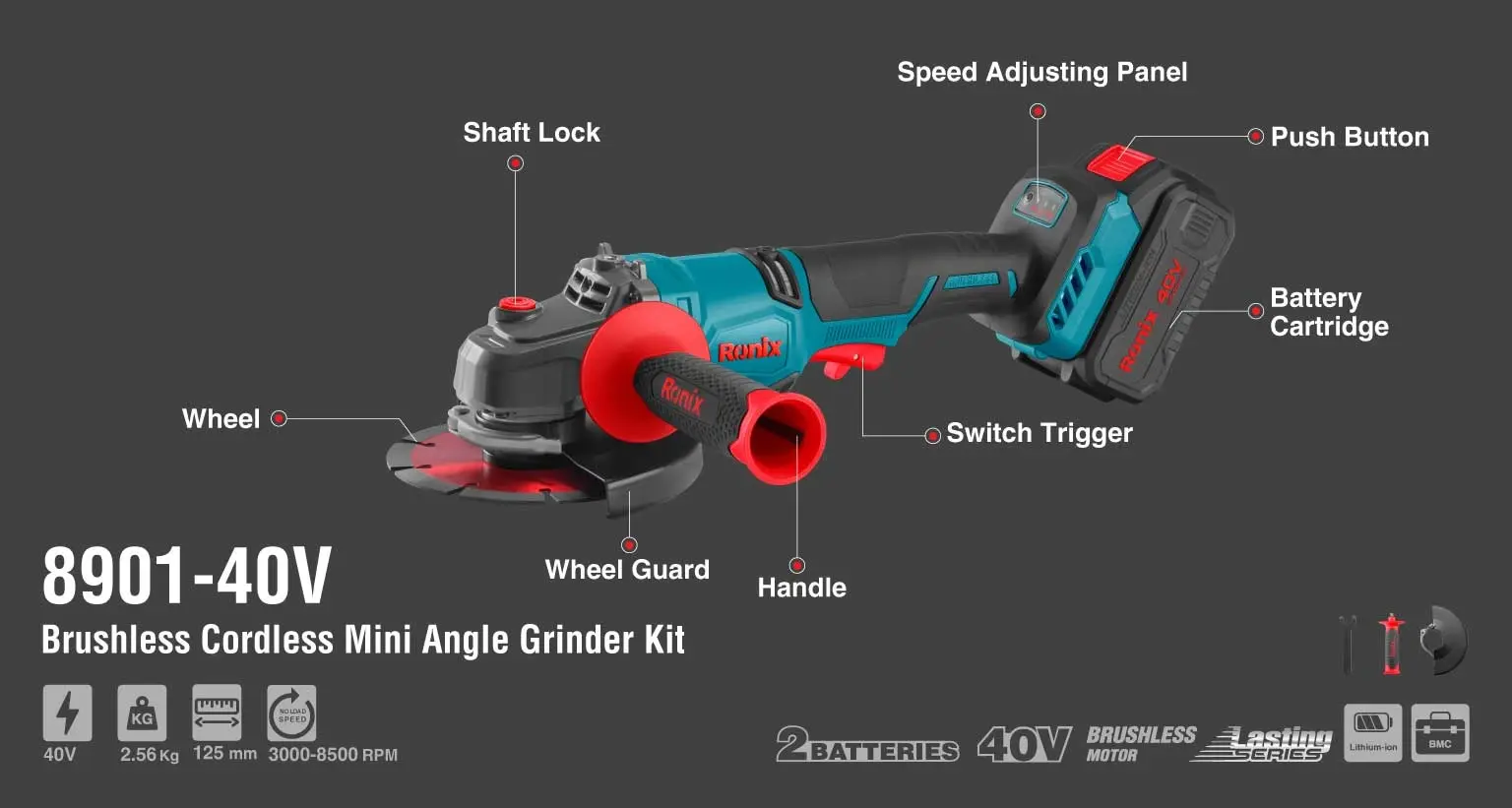 40v Brushless Cordless mini angle grinder kit 125mm