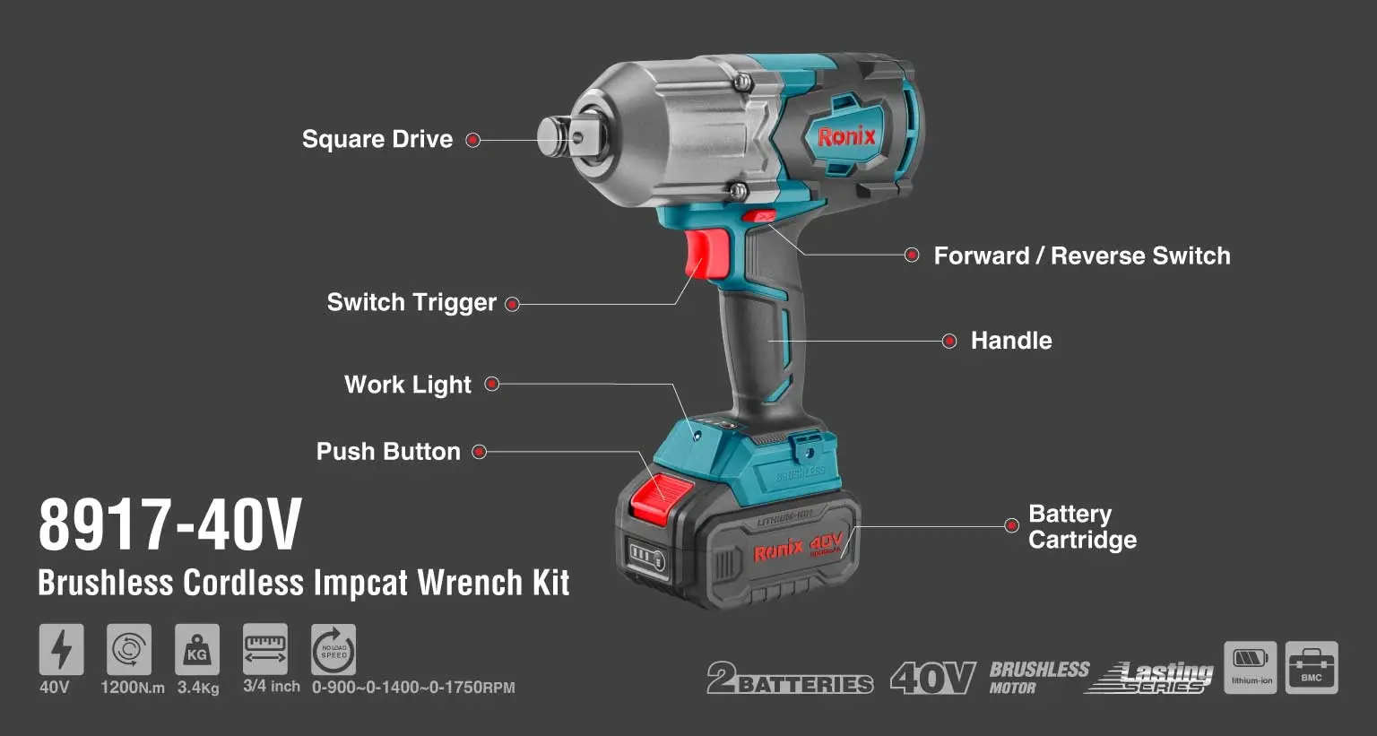 40V Brushless Cordless Impact Wrench Kit 1200 N.m ¾-inch