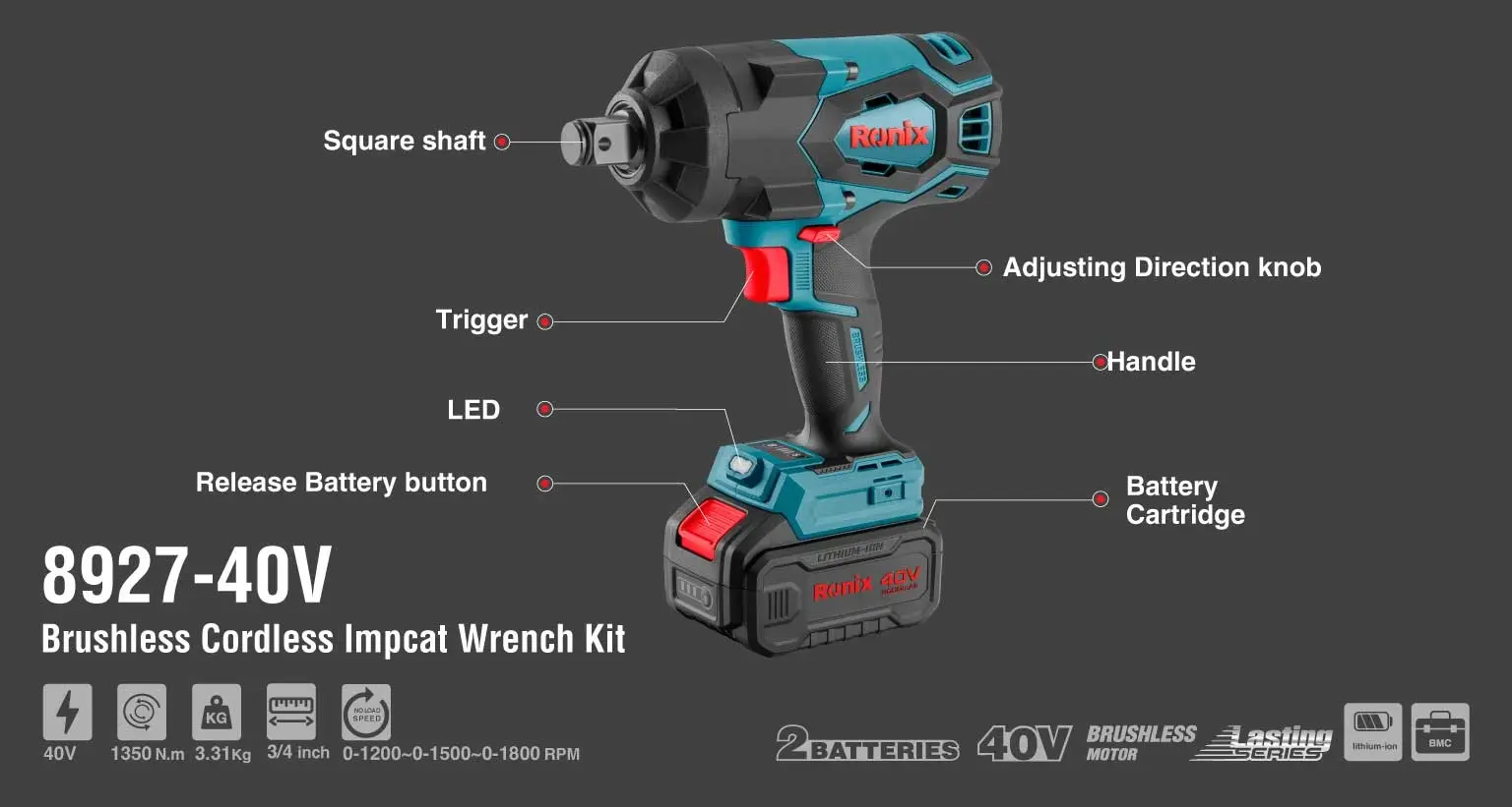 40V Brushless Cordless Impact Wrench Kit 1350 N.m ¾-inch