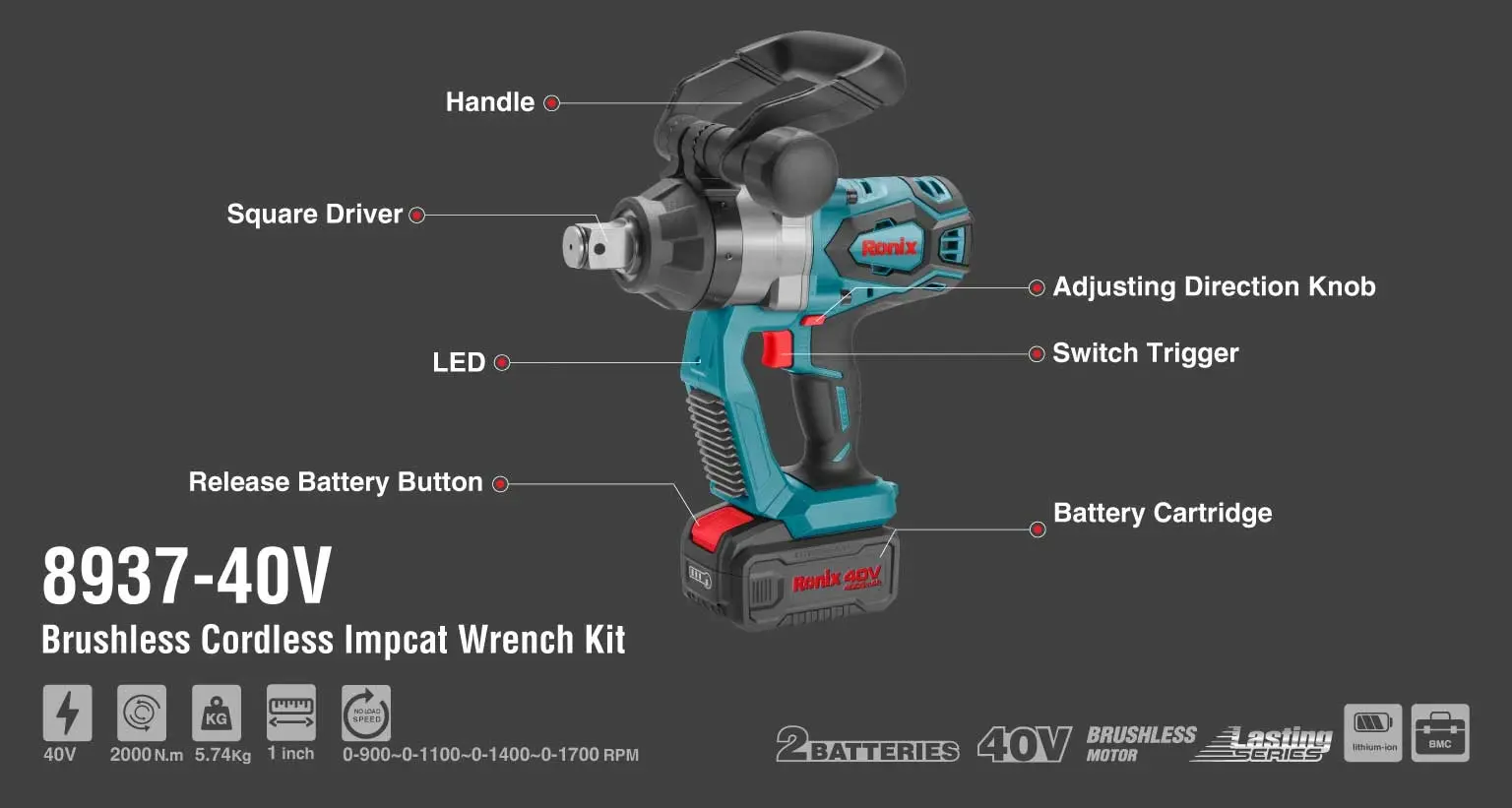 40V Brushless Cordless impact Wrench Kit 2000 N.m-1 inch